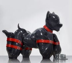 absurd_res anthro anthro_doll_hood barazoku biped bitchsuit black_latex bodily_fluids bondage bondage_gear bowl canid canine canis collar connor_fff container domestic_dog dripping drone hi_res latex male mammal muscular muscular_anthro muscular_male muscular_sub pet_bowl petplay puppyplay red_collar roleplay saliva saliva_drip solo submissive submissive_anthro submissive_male