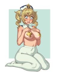barbara_(genshin_impact) blonde_hair blush embarrassed genshin_impact hip_dips hoyoverse nipple_covers on_knees pasties thighhighs twintails