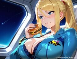 1female 1girls ai_generated big_breasts big_breasts blonde_female blonde_hair blonde_hair blonde_hair_female blue_eyes blue_eyeshadow breasts breasts burger cleavage eat eating eating_food female female_focus female_only from_side hamburger huge_boobs huge_breasts kaistar large_boobs large_breasts light-skinned light-skinned_female light_skin looking_away metroid patreon ponytail pout pouting samus_aran sitting solo solo_female solo_focus white_skin white_skinned white_skinned_female