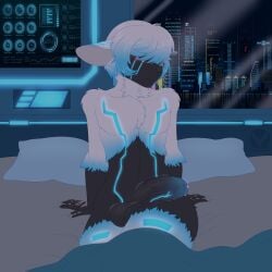 absurd_res android anthro balls bed bedroom black_body blue_body blue_fur blue_hair blush bodily_fluids bovid caprine city city_background cyan_lights cybernetics cyberpunk embarrassed erection foreskin fur furniture genital_fluids genitals gradient_hair hair hi-tech hi_res humanoid_genitalia humanoid_penis leaking_precum machine male mammal mi-y0 neon_lights on_bed penis pillow precum robot sheep shyder sitting sitting_on_bed solo thick_penis tremble_lines vein veiny_penis white_body white_fur white_hair window