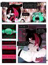 absurd_res anthro blue_eyes blue_hair blue_nipples blush brain breasts chibi clothing colored_nipples comic duo ear_piercing felid female female/female flat_chested floor genitals girl_a girl_b gun hair handgun hi_res inner_thoughts insult inviting laugh legwear mammal nipple_piercing nipples nude organs pattern_clothing pattern_legwear pattern_stockings piercing ponporio presenting pussy ranged_weapon red_eyes red_hair revolver screaming stockings striped_clothing striped_legwear striped_stockings stripes stripped_armwear tail teeth weapon