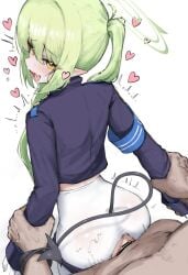 1boy absurdres anus armband ass bar_censor black_tail blue_archive blue_armband censored commentary demon_tail female green_hair green_halo halo heart highres long_hair looking_at_viewer no_pants nozomi_(blue_archive) oerba_yun_fang open_mouth pantyhose pointy_ears rainbow_gorein sex sex_from_behind skin_fang smile solo_focus standing standing_sex straight tail tail_wrap train_conductor vaginal_penetration white_background white_pantyhose
