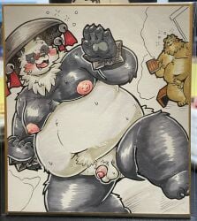 96panda anthro asian_conical_hat balls bear ben_bigger blush brown_body brown_fur clothing duo erection eyewear facial_scar flaccid foreskin fur genitals giant_panda glasses hat headgear headwear hi_res kung_fu male male/male mammal marker_(artwork) mihoyo missing_eye moobs multicolored_body multicolored_fur navel nipples nude overweight pan_yin_hu penis scar small_penis traditional_media_(artwork) uncircumcised zenless_zone_zero
