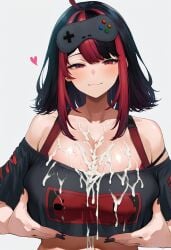 1girl ahoge ai_generated black_hair black_shirt blush bukkake cum cum_on_breasts eye_mask female grabbing_own_breast gx_aura heart huge_breasts red_eyes red_hair smile virtual_youtuber