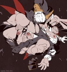 14:15 2025 5_fingers 5_toes absurd_res amber_eyes anthro anus balls black_clothing black_footwear black_shoes black_socks burrows_(captain_nikko) capcom captain_nikko card clothing devil_may_cry feet fingers flat_colors footwear genitals gloves handwear hi_res humanoid_genitalia humanoid_penis lagomorph leporid male male/male mammal netflix nipples penis rabbit red_sclera renaissance_clothing scar socks solo teeth toes torn_clothing vein veiny_penis virgil_(captain_nikko) whiskers white_body white_clothing white_gloves white_handwear white_rabbit_(dmc)