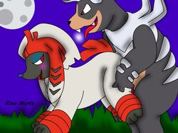 all_fours blush doggy_style drooling female from_behind_position furfrou grass grin houndoom kabuki_trim looking_back male mega_evolution mega_houndoom moon night nintendo pokémon_(species) pokemon raised_leg rina_martz saliva sex smile straight video_games