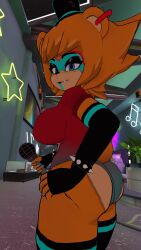 big_ass big_breasts curvy fnia fredina frenni frenni_fazclaire glamrock_frenni gloves hand_on_hip holding_microphone looking_at_viewer looking_back spike_bracelet thicc thick vrchat vrchat_avatar