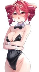 1girls 2d 2d_(artwork) ahoge breasts bunny_girl bunnysuit cameltoe cleavage crossed_arms detached_collar embarrassed embarrassed_female female female_only hands_under_breasts kasane_teto latex mamama_0001 medium_breasts navel navel_visible_through_clothes open_mouth playboy_bunny red_eyes red_hair skin_tight skindentation solo solo_female sweat sweating thick_thighs thighs tight_clothing twin_drills utau white_background wide_hips