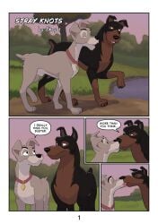 absurd_res animal_genitalia buster_(lady_and_the_tramp) canid canine canis comic conditional_dnp dialogue disney dobermann domestic_dog ekayas english_text feral french_kissing fully_sheathed genitals hi_res kissing lady_and_the_tramp licking_tongue male male/male mammal outside pinscher romantic romantic_couple sheath text tramp_(lady_and_the_tramp)