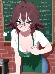 ahoge ai_assisted ai_generated apron artist_signature bags_under_eyes barista blush brick_wall brown_hair collarbone freckles goat_ears green_eyes heterochromia jeans kurly435 medium_breasts medium_hair menu messy_hair mira_(kurly435) red_eyes round_glasses sfw shirt_pull sigh starbucks streaked_hair white_hair