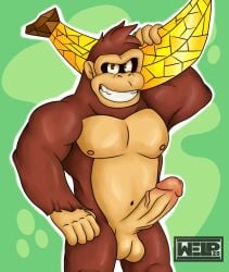 abs anthro ape balls banana belt biceps breasts brown_body brown_fur donkey_kong_(character) donkey_kong_(series) donkey_kong_bananza erection flexing flexing_bicep food fruit fur genitals gorilla hand_on_belt haplorhine hi_res male mammal monkey muscular navel nintendo nipples nude nude_male penis plant portrait primate relic simple_background smile smiling_at_viewer solo tan_body tan_skin three-quarter_portrait vein veiny_penis welp_can