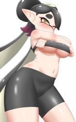 +_+ 1girls bare_shoulders blush breasts callie_(splatoon) highres large_breasts looking_at_viewer nintendo nobunagapero pointy_ears short_hair sleeveless solo splatoon splatoon_(series) tentacle_hair twintails underboob undressing white_background yellow_eyes