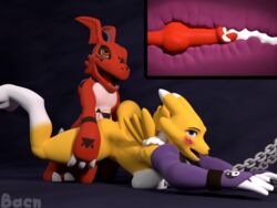 2017 3d ambiguous_penetration animal_genitalia animal_penis bacn blush bound breasts canine canine_penis chains chest_tuft claws cum cum_inside digimon duo female forced from_behind_position guilmon knot knotting male mammal nude open_mouth penetration penis rape renamon renamon_(bacn) scalie sex simple_background smile straight tongue tuft