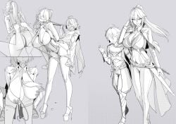 1boy 1girls aether_(genshin_impact) artist_request ball_gag before_and_after black_and_white blindfold bound_arms breast_curtains cleavage dripping dripping_pussy drooling exposed_breasts female femsub genshin_impact harness heels high_heels jean_gunnhildr large_breasts leash leash_pull male maledom ponygirl ponyplay ponytail riding_on_back small_dom_big_sub submissive_female sword tagme willing_sub younger_dom_older_sub younger_male