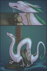 avian_feet breasts brown_hair chihiro_ogino claws clenched_teeth closed_eyes comic dragon duo eastern_dragon female feral finger_claws from_front_position fur ghibli green_body green_fur hair haku_(spirited_away) hi_res human human_on_feral interspecies long_body lying male male/female mammal missionary_position mythological_creature mythological_scalie mythology night on_back open_mouth penetration penile penile_penetration penis_in_pussy peregr1ne scalie scuted_arms scuted_legs scutes sex sharp_teeth size_difference snout spirited_away teeth toe_claws vaginal_penetration vaginal_penetration water whiskers white_body zoophilia