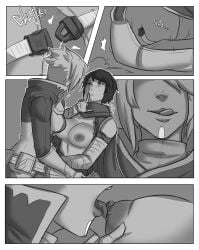 2020 2girls awoken breast_lick breasts breasts_out clothed_female face_markings female_focus female_only holly_(destiny_oc) hunter_(destiny) licking_breast licking_lips licking_nipples lirra_cal molestation partially_clothed partially_clothed_female public_indecency rifthebit undressing_another undressing_partner unitypressdigital warlock_(destiny) yuri