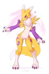 2:3 3_fingers 3_toes ancesra anthro armwear bandai_namco barefoot belly_tuft black_sclera blue_eyes blush bow_panties bow_underwear breasts bridal_gauntlets canid canine claws clothed clothing digimon digimon_(species) digital_media_(artwork) digitigrade dipstick_ears dipstick_tail ear_markings feet female fingers fluffy fluffy_tail fox fur fur_markings furry heart_symbol hi_res mammal markings multicolored_ears navel_tuft nipples on_model one_breast_out panties panties_only pink_clothing pink_panties pink_underwear renamon shaded slim small_breasts smile solo standing tail tail_markings toes topless tuft underwear underwear_only watermark wide_hips wings