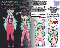 absurd_res anthro boots bottomwear canid canine chibi clothing dialogue featureless_crotch female footwear fox fur green_hair hair happy height_reduction hi_res hima_nsfw himalaya_(hima_nsfw) long_hair loss_of_self mammal nullification pants pink_body pink_fur purple_clothing purple_shirt purple_tank_top purple_topwear red_bottomwear red_clothing red_eyes red_pants sequence shirt shoes simplified_mind smile solo surprised_expression tan_body tan_fur tank_top topwear transformation transformation_sequence unimpressed