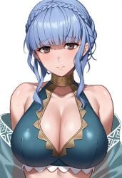1girls big_breasts blue_hair blush braid breasts cleavage collarbone fire_emblem fire_emblem:_three_houses fire_emblem_heroes hite_background looking_at_viewer marianne_von_edmund marianne_von_edmund_(summer) nintendo pyo_3300 short_hair simple_background solo swimsuit upper_bodyw