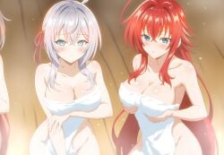 3girls ahoge ai_generated alisa_mikhailovna_kujou big_ass_(female) big_breasts blue_eyes blush crimson_hair_female crossed_bangs crossover crossover_ship crossover_shipping curvy_females demon_girl female females_only hair_ribbon high_school_dxd hourglass_figured_female huge_ahoge interspecies lesbians light-skinned_female light_brown_hair_female long_hair_female loose_hair lovehuwu maria_mikhailovna_kujou milky_white_skin red_ribbon rias_gremory russian_girl sauna silver_hair_female sky_blue_eyes steam tokidoki_bosotto_russian_de_dereru_tonari_no_alya-san towel very_long_hair_female voluptuous_female wide_hipped_female yuri