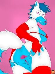 anthro anus arctic_fox armwear ass blue_body blue_fur blue_hair bra breasts canid canine canis claws clothed clothing digital_media_(artwork) elbow_gloves eric_xoring female fingers fluffy fluffy_tail fox fur genitals gloves hair hand_on_butt handwear hi_res legwear looking_at_viewer looking_back mammal mischievous mischievous_smile nails nude pink_eyes pink_nose portrait presenting presenting_hindquarters pussy simple_background smile smiling_at_viewer smirk smirking_at_viewer solo spread_butt spreading stockings tail teasing teeth thigh_highs three-quarter_portrait true_fox underwear vaginal_penetration white_body white_fur
