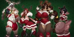 2024 abs alternate_version_at_source anthro antlers areola ass big_bulge big_butt biped black_hair boosterpang braided_hair breasts brown_hair bulge butt_fluff cape christmas christmas_clothing christmas_topwear cinnamon_(themostsuave) cleavage clothed clothing deer dress ear_piercing female femboy fingerless_gloves fluffy fluffy_tail glitter_(vesryn) gloves group gynomorph hair handwear hi_res holidays horn inner_ear_fluff intersex long_hair looking_aside looking_at_viewer magnus_(ara_chibi) male mammal muscular muscular_anthro muscular_female muscular_male new_world_deer nipple_piercing nipples nonbinary_(lore) piercing pubes reindeer short_hair short_tail skimpy straight_hair tail topwear tuft twinkle_(sharkafterdark) white_hair