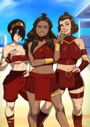 3girls abs accessories_only aged_up arm_under_breasts armband armlet athletic athletic_female avatar_legends avatar_the_last_airbender beach big_breasts black_hair blue_eyes bob_cut bracers breast_squish breasts brown_hair brown_skin brown_skinned_female busty casual chocolate_and_vanilla confident_smile dark-skinned_female dark_lipstick dark_skin day earth_kingdom erect_nipples eyebrow_raise female female_only fit fit_female friends gauntlets green_eyes hair_bun hair_over_breasts hair_over_eyes hair_over_one_eye hairband half_updo hand_on_hip hand_on_own_chest heroine hourglass_figure katara landing_strip legband light-skinned_female light_skin lipstick long_hair looking_at_viewer medium_breasts multiple_girls naavs natural_breasts nipple_bulge one_eyebrow_raised outdoors perfect_body presenting_breasts short_hair slim_waist smile smooth_skin standing suki sun sweat thick_thighs thigh_strap tomboy toned toned_female toph_bei_fong topknot trio useless_clothing water_tribe wide_hips young_adult