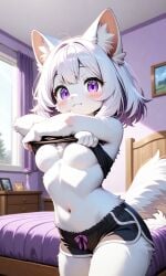 ai ai_art ai_generated anthro artificial_intelligence bed bed_sheet big_breasts breasts cat_girl cat_humanoid cute feline female female_focus fur furry looking_at_viewer neko nippleless original original_character original_characters pixai purple_eyes smiling_at_viewer tagme unknown_artist white_body white_fur white_hair yuriko_(oc)