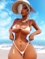 1girls 3d absurd_res ana_amari big_breasts bikini breast_squish breasts dark-skinned_female female female_only gilf grey_hair hi_res highres huge_breasts micro_bikini milf nemesis_3d old_ana_amari overwatch shiny_skin thick_thighs thighs