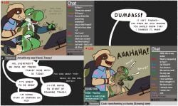 2_panel_comic anal animal_genitalia animal_penis anthro balls bodily_fluids chat_box cock_transformation cum dinosaur duo ejaculation enhibitionism equine_genitalia equine_penis fan_character forced forced_transformation generation_2_pokemon genital_fluids genitals hi_res humiliation livestream male male/male mario_bros nintendo penis penis_transformation pokemon pokemon_(species) poorsal prehistoric_species public reptile scalie sex smeargle tracy_(linker) transformation yoshi