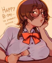big_breasts big_lips bikini_top bikini_visible_through_clothes birthday_gift blush blushing_at_viewer bracelet breasts_on_table brown_hair dark_eyes earrings flashing flashing_nipple glasses leftlewdz looking_at_viewer medium_hair mole mole_under_mouth nonchalant one_breast_out one_nipple_out painted_nails pov public_exposure public_nudity ribbon round_glasses school_uniform talking_to_viewer tsundere