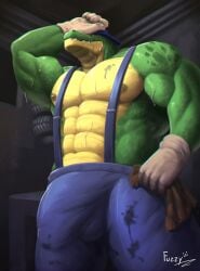 abs alligator alligatorid anthro balls_outline biceps big_penis blue_bottomwear blue_clothing blue_pants bodily_fluids bottomwear bulge clothed clothing crocodilian detailed_bulge dirty flaccid furniture fuzziness genital_outline genitals gloves green_body green_scales handwear hat headgear headwear hi_res huge_cock male muscular muscular_male pants pecs penis penis_outline rag reptile scales scalie showing_teeth signature solo suspenders sweat table tire topless