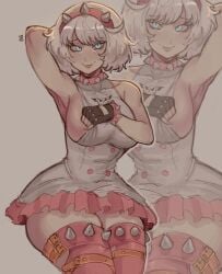 1girls absurdres armpits big_breasts blue_eyes boots bracelet breasts character_name collar dress elphelt_valentine female frilled_dress frills guilty_gear guilty_gear_strive hairband highres jewelry large_breasts long_sleeves looking_at_viewer pink_dress pink_footwear pink_hairband short_hair sideboob smile spiked_bracelet spiked_collar spiked_hairband spikes thigh_boots tongue tongue_out two-tone_dress v white_dress white_hair widisu