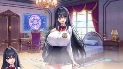 runa_usami motto!_haramase!_honoo_no_oppai_isekai_oppai_bunny_gakuen! milk_factory 1girls female_only female schoolgirl schoolgirl_uniform school_uniform black_hair black-haired_female teenager huge_breasts gigantic_breasts massive_breasts super_breasts hyper_breasts giant_breasts enormous_breasts tits boobies boobs breasts open_mouth open_eyes open_mouth_smile game_cg