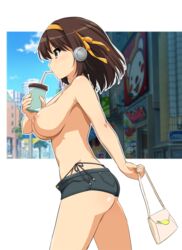 absurdres alternate_version_available ass bag bangs behind-the-head_headphones blue_sky blush breasts brown_eyes brown_hair cloud day drinking_cup drinking_straw female female_only hairband halterneck handbag haruhisky headphones highres large_breasts nipples no_bra panties public_topless road shop short_hair short_shorts shorts side-tie_panties sky solo street suzumiya_haruhi suzumiya_haruhi_no_yuuutsu topless tree unbuttoned underwear