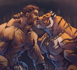 8guacamole abs anthro big_muscles big_nipples bodily_fluids body_hair brown_hair chain_necklace chest_hair drooling duo facial_hair felid french_kissing fur hair hi_res human human_on_anthro implied_handjob interspecies jewelry kissing male male/male mammal moustache multicolored_body multicolored_fur muscular muscular_anthro muscular_human muscular_male navel necklace necklace_only nipples nude orange_body orange_fur pantherine saliva sideburns striped_body striped_fur stripes tiger whiskers white_body white_fur