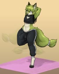 absurd_res anthro balls_outline bottomwear bulge clothed clothing detailed_bulge domestic_cat erection erection_under_clothing felid feline felis fur fuzzycreature genital_outline green_body green_fur gynomorph hi_res intersex mammal on_one_leg simple_background standing tail topwear yellow_background
