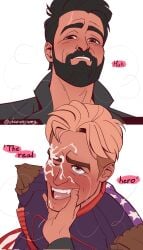 2boys billy_butcher black_hair blonde_hair darunyama facial fully_clothed homelander male male_only no_visible_genitalia one_eye_closed open_mouth smiling speech_bubble the_boys white_background