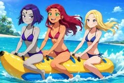 2025 ai_generated banana_ship beach_background belly black_eyebrows blonde_eyebrows blonde_female blonde_girl blonde_hair_female blue_bikini blue_eyes_female cartoon_network dc dc_comics dc_super_hero_girls dcau deviantart elryusam eyebrows_visible_through_hair forehead_jewel green_eyes_female grey_body grey_skin jewel_on_forehead meta mouth_closed not_porn ocean open_mouth orange_body orange_cheeks orange_skin pink_cheeks purple_bikini purple_eyes_female purple_hair_female raven_(dc) raven_(teen_titans) red_bikini red_cheeks red_eyebrows red_hair_female starfire_(comics) starfire_(teen_titans) teen_titans terra_(dc) tummy