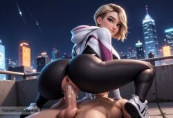 1boy ai_generated anus artist_name ass asymmetrical_hair balls blonde_hair blue_eyes bodysuit breasts building city clothed_female_nude_male clothed_sex cowgirl_position cum cum_in_pussy cum_overflow erection eyebrow_piercing female gwen gwen_stacy gwen_stacy_(spider-verse) hood hood_down hooded_bodysuit looking_at_viewer looking_back male marvel marvel_comics night nude outdoors patreon_username penis piercing pussy sex shoes short_hair smile solo_focus spider-gwen spider-man spider-man:_across_the_spider-verse spider-man:_into_the_spider-verse spider-man_(series) spider-verse squatting_cowgirl_position stacy straddling straight testicles torn_bodysuit torn_clothes uncensored undercut vaginal_penetration xadrid