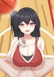 1boy 1girls azur_lane ball basketball basketball_court basketball_uniform black_hair blush bottle breasts cleavage exf8 eyebrows_visible_through_hair handjob huge_breasts indoors light-skinned_female light-skinned_male light_skin looking_at_viewer lube_bottle male_pov open_mouth paizuri pov red_eyes sakura_empire_(azur_lane) taihou_(azur_lane) textless uniform