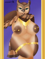 absurd_res anthro ass avian big_breasts big_butt bird blue_eyes breasts brown_body elelite feathers female gold_(metal) hi_res humanoid jewelry longclaw_(sonic) nipple_piercing nipples owl piercing sega simple_background solo sonic_(series) sonic_the_hedgehog_(film) sonic_the_hedgehog_(series) thick_thighs