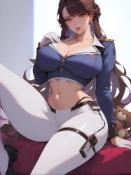 ai_generated big_breasts brown_eyes brown_hair cleavage goddess_of_victory:_nikke marciana_(nikke) midriff shu sitting white_legwear