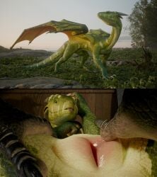 3d_(artwork) absurd_res animal_genitalia claws cloaca digital_media_(artwork) dragon duo dzat female feral genitals green_body green_eyes hi_res mythological_creature mythological_scalie mythology neiivia reptile scalie smile solo spread_cloaca spreading tail tongue wings