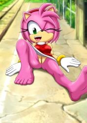 absurdres amy_rose bare_legs barefoot bbmbbf bracelet dress eyelashes feet gloves green_eyes hairband hedgehog highres jewelry legs lolita_fashion lying medium_hair mobius_unleashed no_panties one_eye_closed open_mouth palcomix perineum pink_fur pink_hair pussy sega smile soles sonic_(series) teen teen_girl teenage teenage_girl teenager toes wink