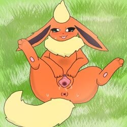 4_toes anthro anus big_ass blush canine clitoris digital_media_(artwork) eeveelution eyelashes female female_only feral flareon fluffy_tail fur_collar furry generation_1_pokemon genitals grass green_eyes hi_res looking_at_viewer lying mammal neck_tuft nintendo no_humans nude on_back orange_fur outdoors outside pawpads pokemon pokemon_(species) pokemon_rgby pussy pussy_juice simple_background smile solo solo_focus spread_legs spread_pussy spreading sweat tagme tail tongue tongue_out vagina video_games yellow_fur