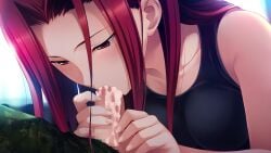 1boy agnes_garrett bare_shoulders black_tank_top blush breasts camouflage censored clothed_sex collarbone cum cum_in_mouth cum_on_body cum_on_penis cum_overflow cum_string curtained_hair erection fellatio female fingernails fumio_(ura_fmo) furrowed_brow game_cg grisaia_(series) grisaia_no_rakuen half-closed_eyes handjob hands_up kazami_yuuji kneeling large_breasts long_eyelashes long_hair long_sidelocks looking_at_penis looking_down mosaic_censoring narrowed_eyes non-web_source official_art oral out_of_frame own_hands_together parted_bangs penis penis_out red_eyes red_hair sidelocks solo_focus sparkling_eyes squinting straight tank_top thick_eyelashes variant_set very_long_hair