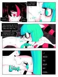 absurd_res anthro blood blue_eyes blue_fingernails blue_hair blue_nails blue_tongue blush bodily_fluids clothing colored_nails comic cunnilingus ear_piercing emoticon felid female female/female fingernails floor genitals girl_a girl_b gun hair handgun hi_res inner_monologue inner_thoughts laugh legwear mammal nails nipple_piercing nipples nosebleed nude oral pattern_clothing pattern_legwear pattern_stockings piercing ponporio pussy ranged_weapon red_eyes red_hair red_nails reluctant_sex revolver sex stockings striped_clothing striped_legwear striped_stockings stripes stripped_armwear sweat tail teeth thinking tongue tongue_out vaginal_penetration weapon