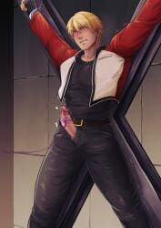 1boy arms_up belt big_penis blonde_hair blush captured clenched_teeth erection eyebrows_visible_through_hair fatal_fury fingerless_gloves foreskin_folds frenulum fully_clothed gay hal_(harenchiou) hi_res humiliation jacket jacket_open jeans legs_apart looking_down male male_only male_ryona mature_male offscreen_character red_eyes resisting restrained restrained_arms retracted_foreskin rock_howard short_hair snk standing sweat sweatdrop tough_guy trembling uncensored uncircumcised uncut veiny_penis very_high_resolution vibrator vibrator_cord vibrator_on_penis wince yaoi