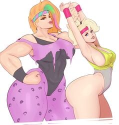 2d 2girls aerobics aerobics_clothing alternate_costume big_breasts blizzard_entertainment breasts cleavage female female_only hyper_thighs large_breasts leotard looking_at_viewer massive_thighs mercy overwatch sunnysundown thick_thighs thunder_thighs totally_80's_zarya workout_clothes zarya